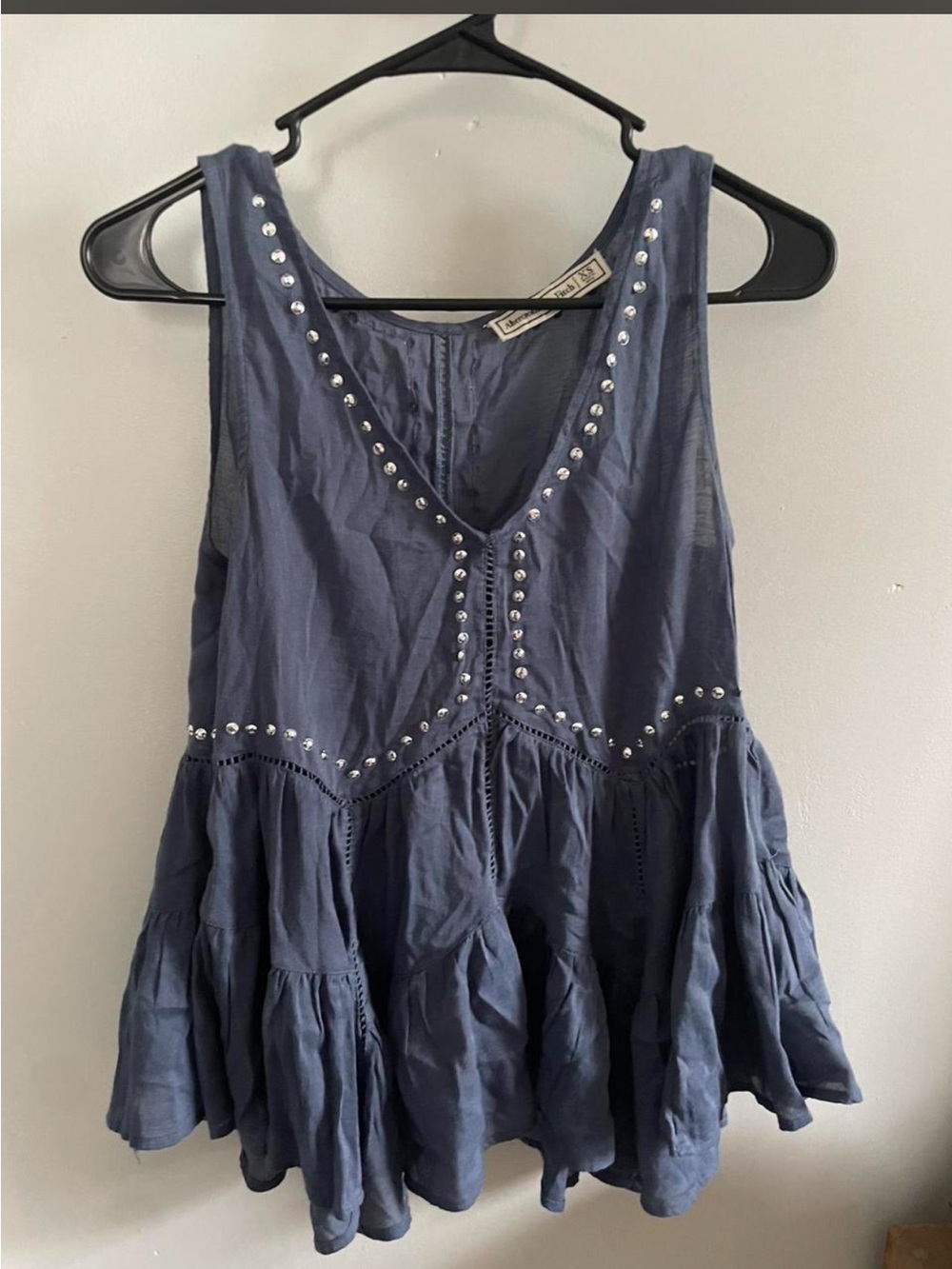 Cute vintage blue babydoll tank top with silver studded sequin details